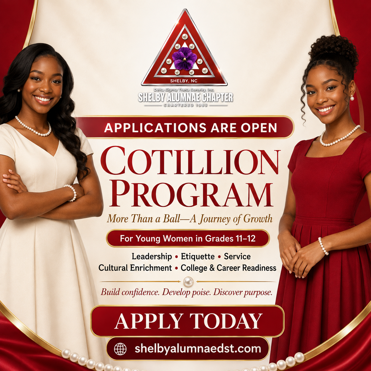 Flyer for the Cotillion Program. Applications are open for young women in grades 11 and 12.