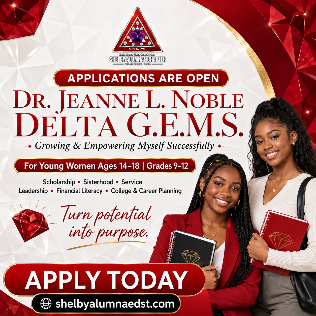 Flyer for the Dr. Jeanne L. Noble Delta G.E.M.S. program. Applications are open for young women ages 14 to 18, grades 9 through 12.
