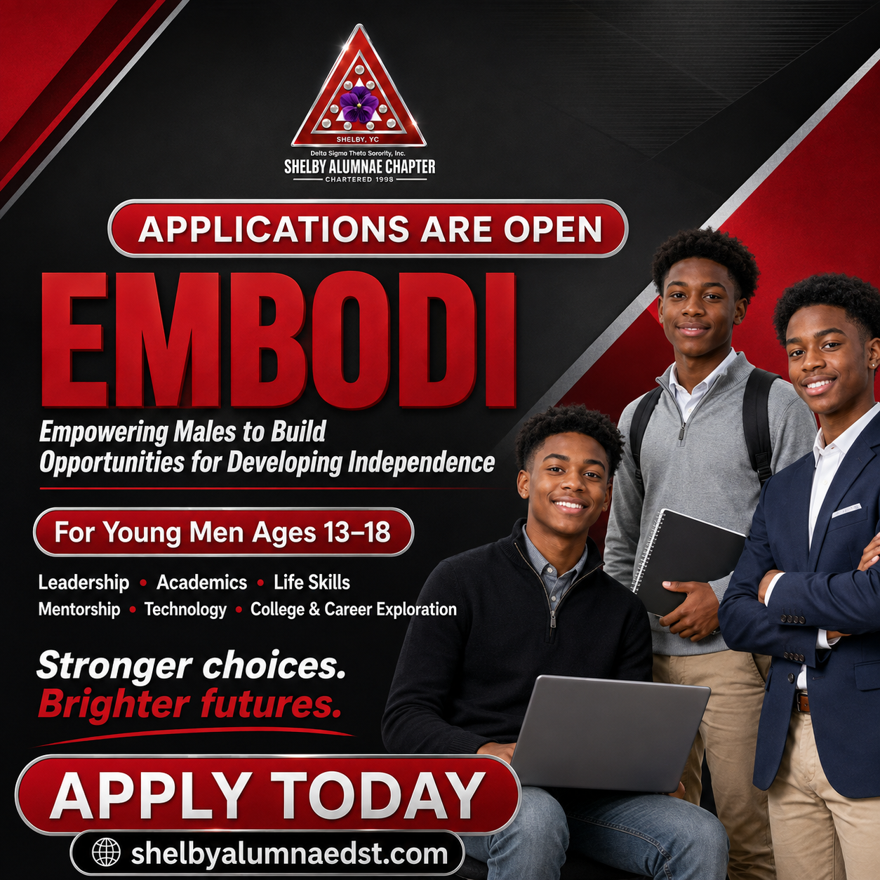 Flyer for the EMBODI program. Applications are open for young men ages 13 to 18.